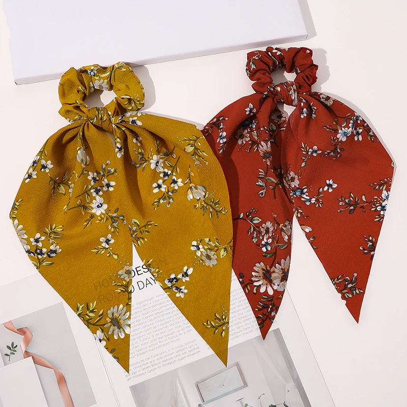 

Sweet Letter Floral Print Scrunchies Women Ponytail Scarf Long Streamers Bow Knotted Hair Rope Hair Ribbons Hair Accessories