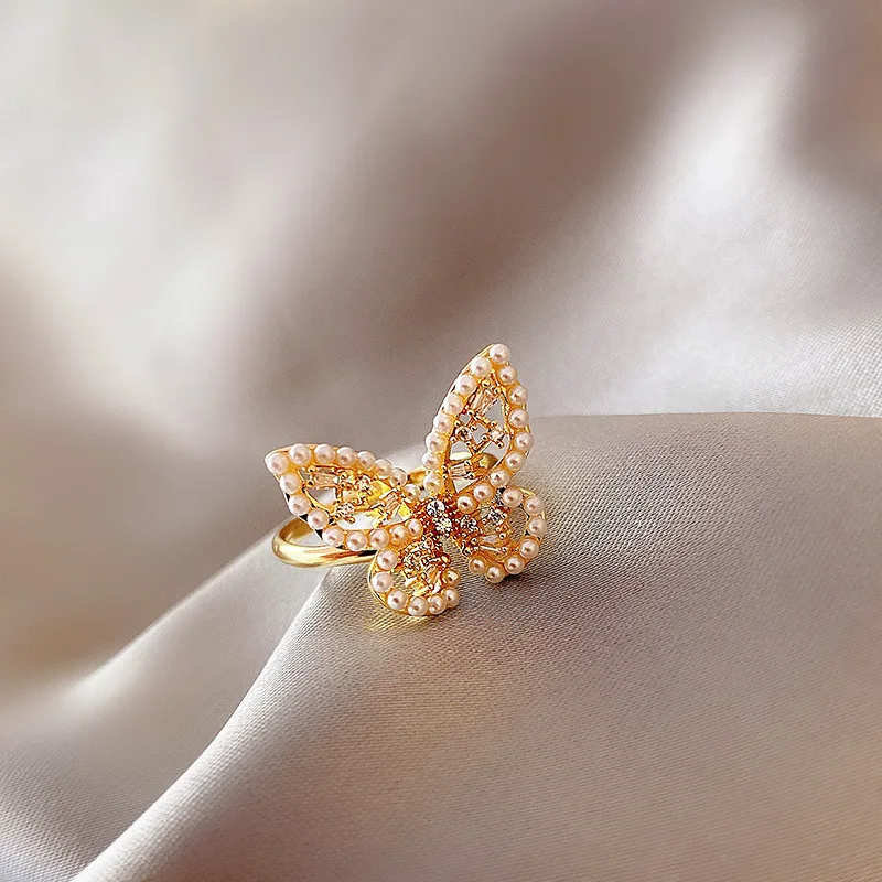 

MrZMsZ Hollow Pearl Butterfly Rings For Women luxurious Adjustable Open Ring Teen Girls 2021 Trendy Gift Jewelry Accessories