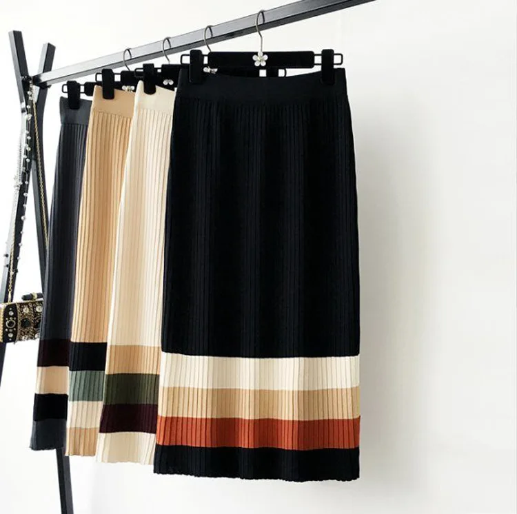Женские плиссированные юбки в полоску осенне-зимние длинные с прострочкой