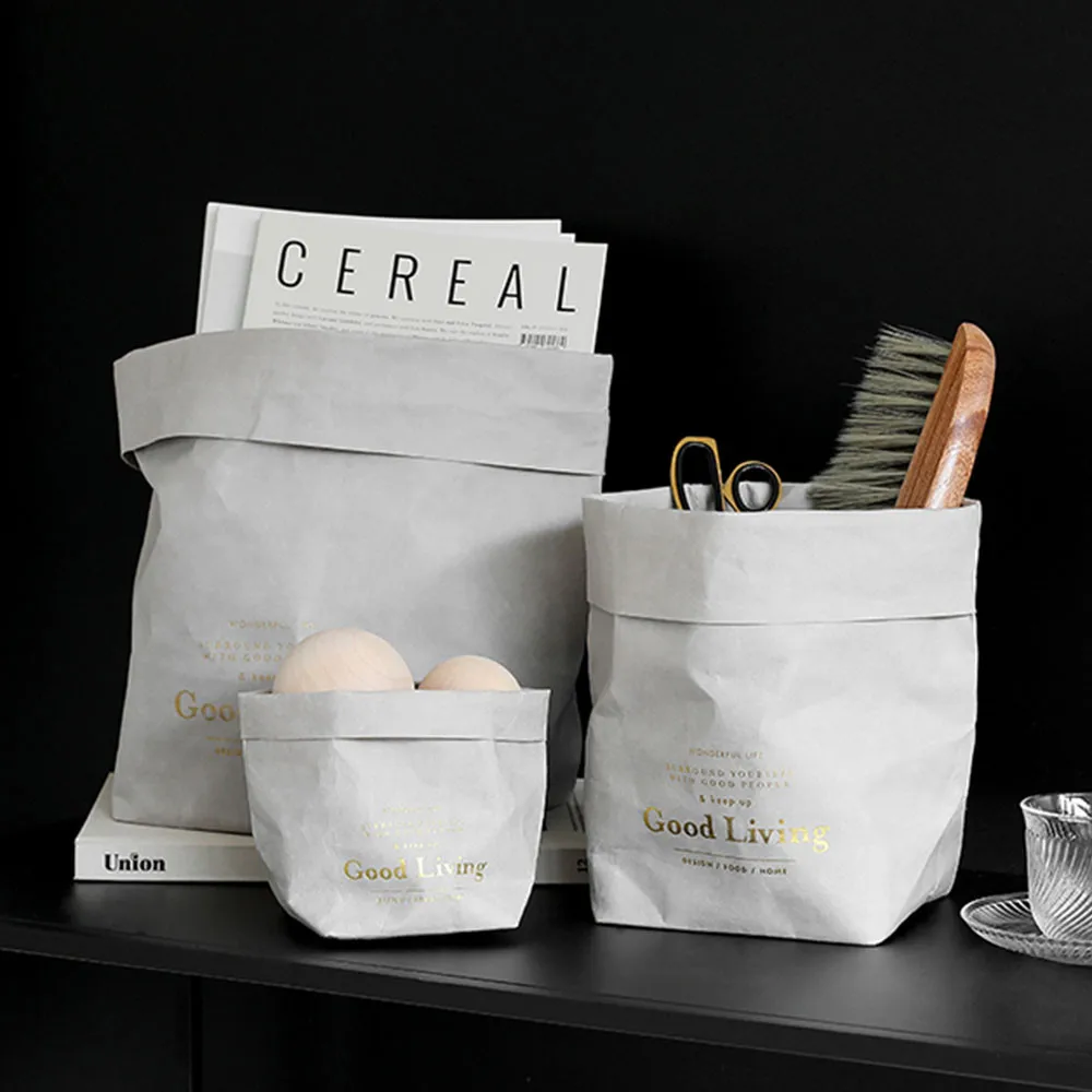 Черная моющаяся сумка для хранения из крафт бумаги серый складной цветочный