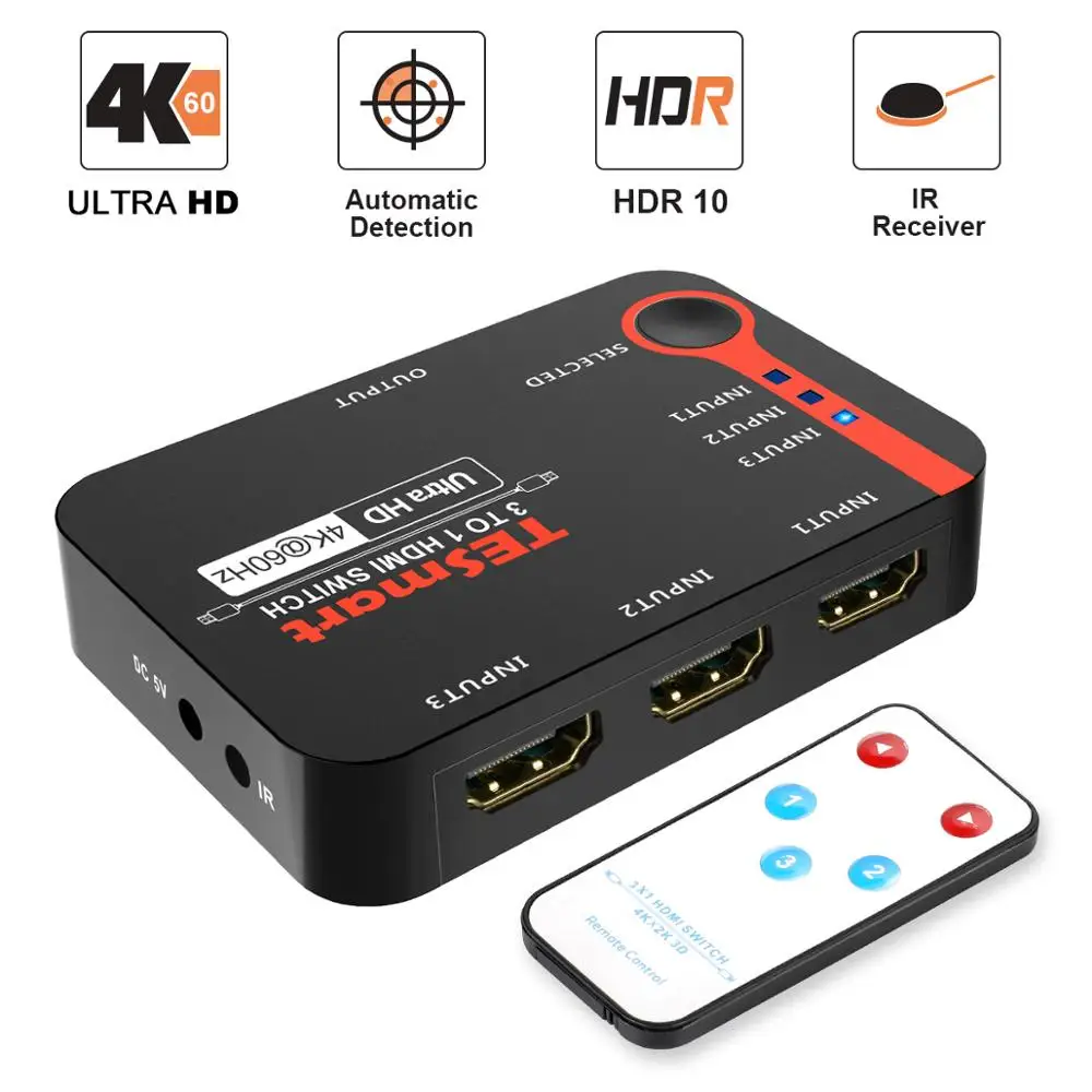 HDMI переключатель UltraHD 4K @ 60 Гц 3 в 1 для PS3/4 HDTV Xbox с поддержкой IRremote control и функциями HDR