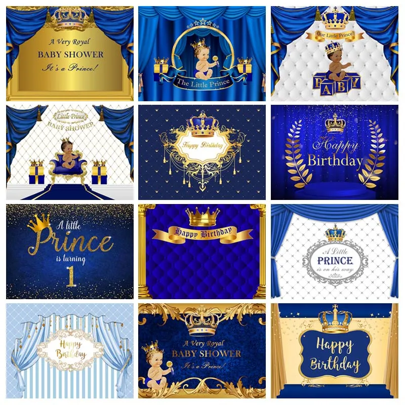 

Blue Royal Prince Birthday Party Background For Photography Curtain Gold Crown Boy Customize Poster Backdrop Photo Studio Shoot