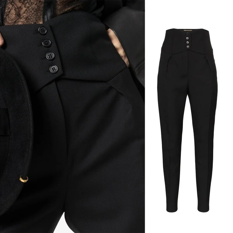 Lady Elegant High Waist Ankle Length Suit Pants Streetwear Buttons Slim Black Pants Fashion Pockets Pencil Pants Female S-L
