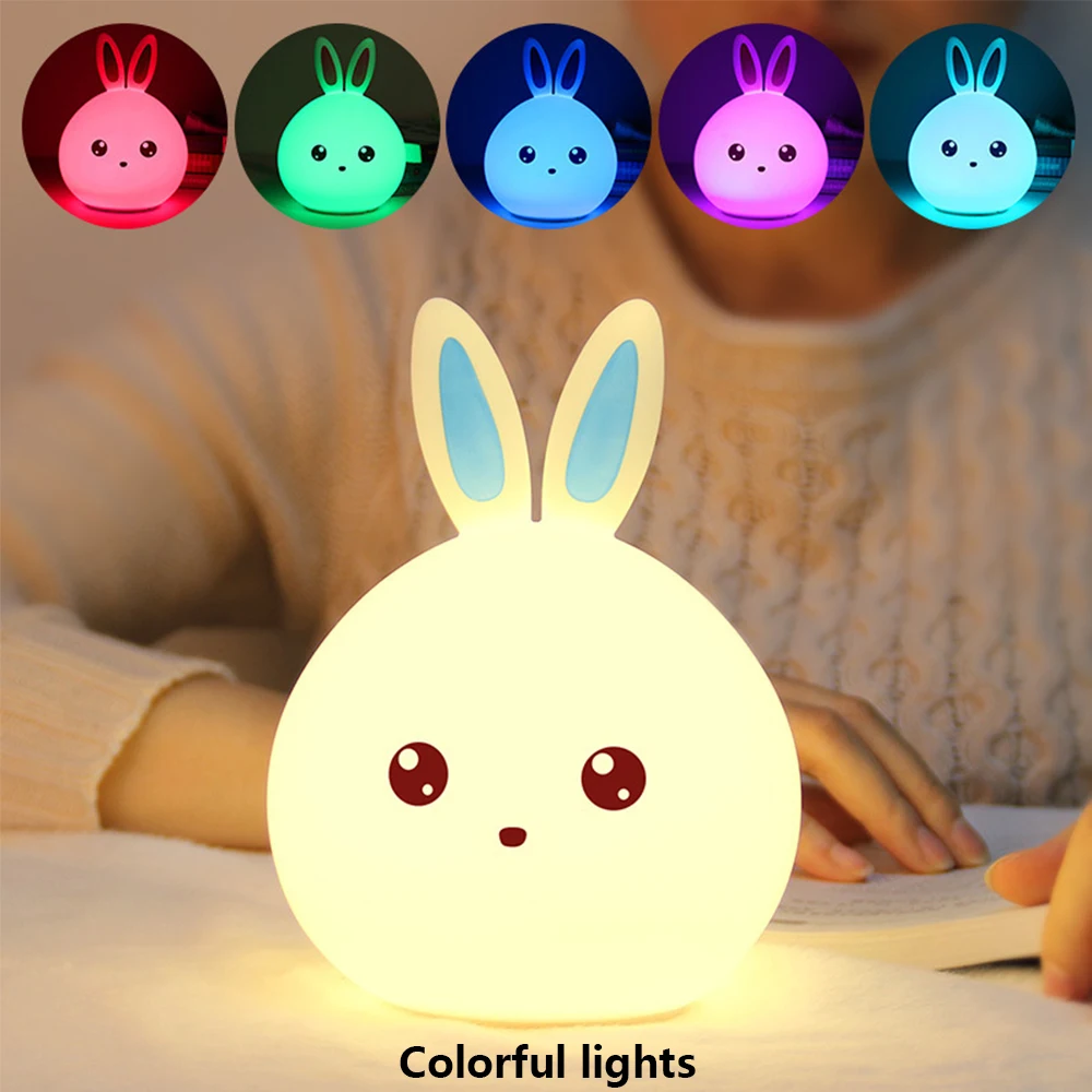 

Детский светодиодный ночник с сенсорным датчиком, цветной декоративный прикроватный светильник с милым кроликом и мультяшными животными, ...