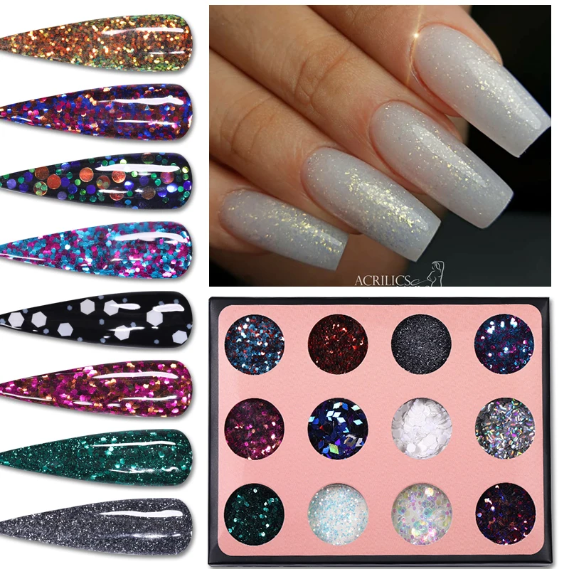 12Pcs/Set Colorful Nail Sequins Glitter Red Blue Black Star Art Powder Pigment Chorme Decoration | Красота и здоровье