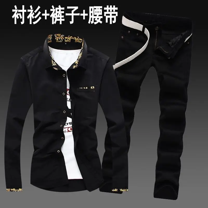 Long sleeve shirt jeans suit men fall outdoor sports leisure clothing fashion clothes