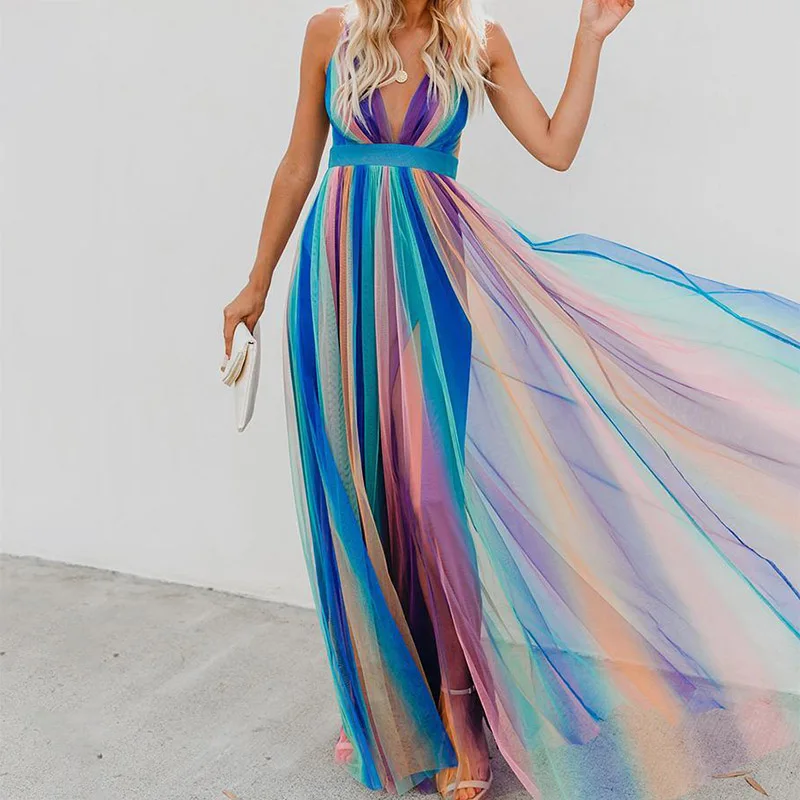 Купи Anbenser Women Beach Dress Summer Rainbow Color Voile Backless Suspender Dress V-Neck Bohemian Dresses Sexy Big Hem Dress за 1,727 рублей в магазине AliExpress
