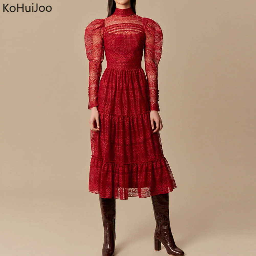 KoHuiJoo красные миди платья женские тонкие стоячий воротник длинный рукав Красное