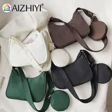 Women Solid Color Small Nylon Crescent Handbag with Mini Round Purse Composite ZipperTote Shopping M