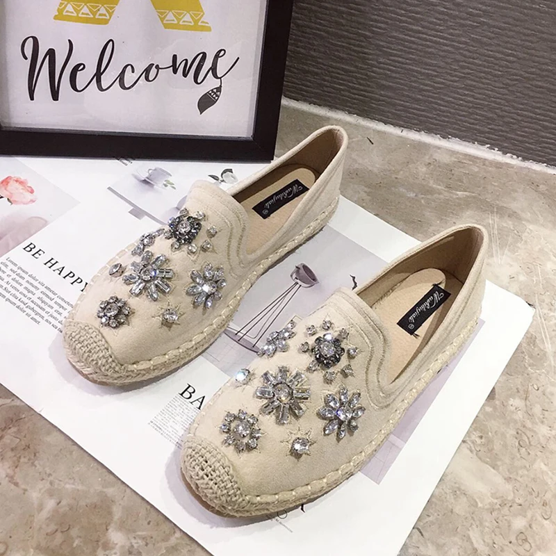 100Beige Fashion Hemp Loafers Women Espadrilles Flats Shoes Sewing Rhinestone Round Toe Ladies Casual Moccasins Slip On Brand Style New - Цвет: 100Beige