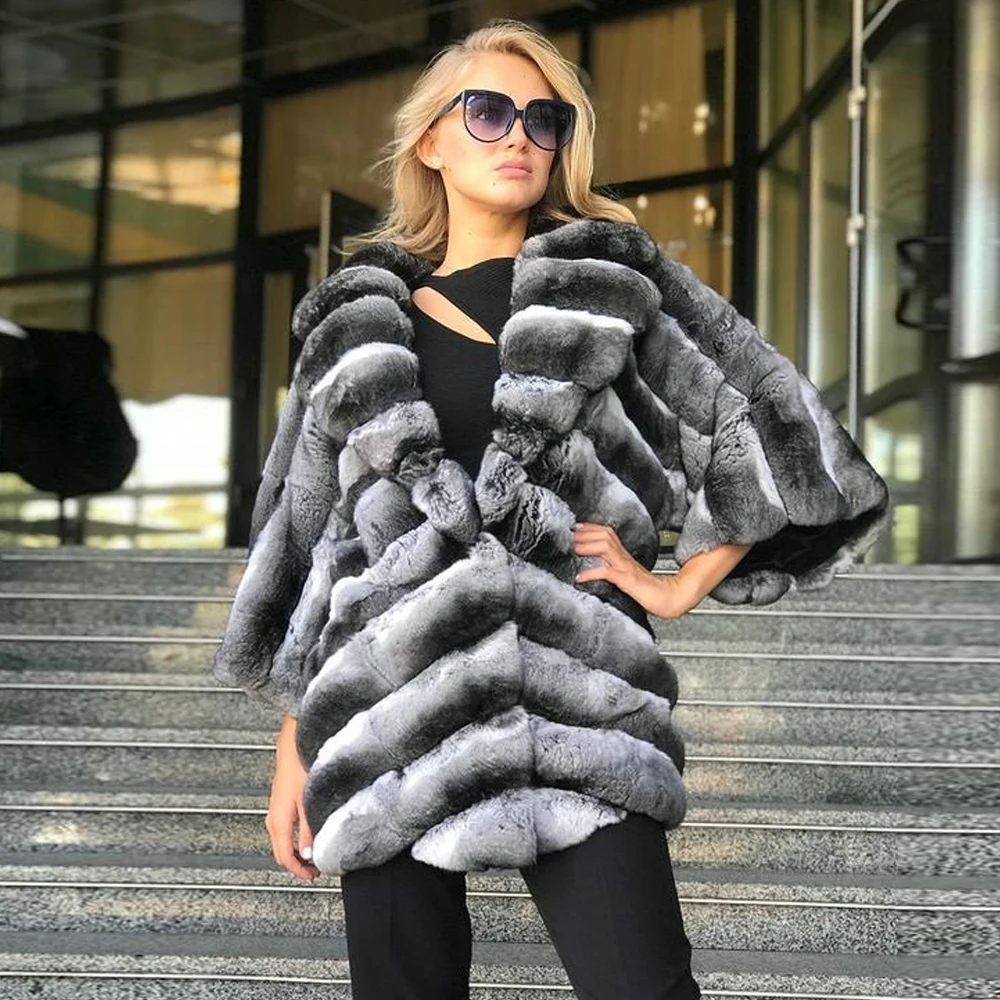 High Quality Rex Rabbit Fur Jacket Natural Women Fur Overcoat Winter Chinchilla Color Genuine Rex Rabbit Fur Coat Lapel Collar enlarge