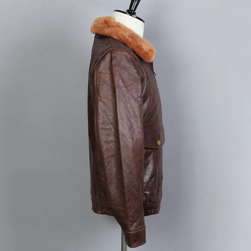 Мужская куртка бомбер из натуральной воловьей кожи с меховым воротником|Мужские