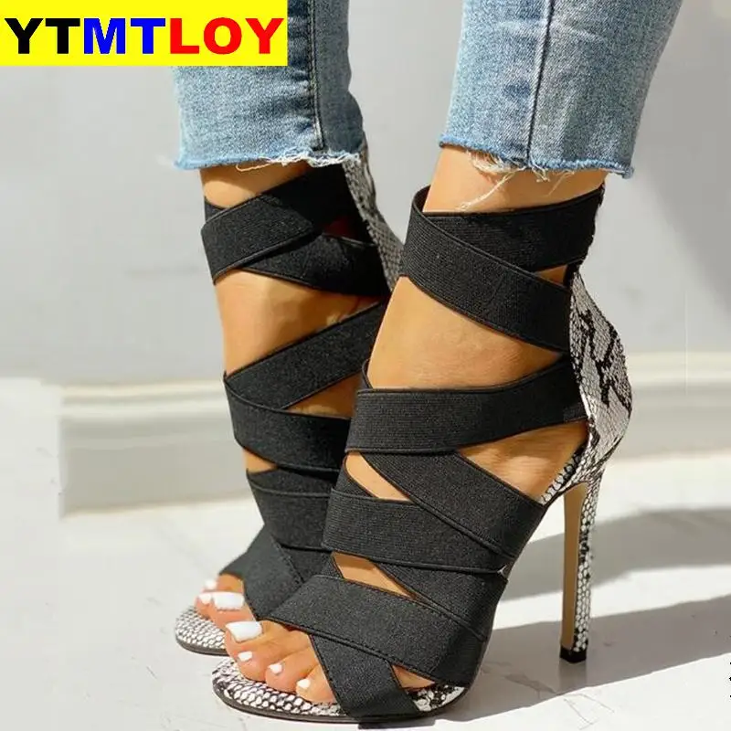 

Snake Summer Shoes Woman Pumps High Thin Heels Pointed Toe Rhinestone Gladiator Pumps Party Sexy Shoes Prom Shoes