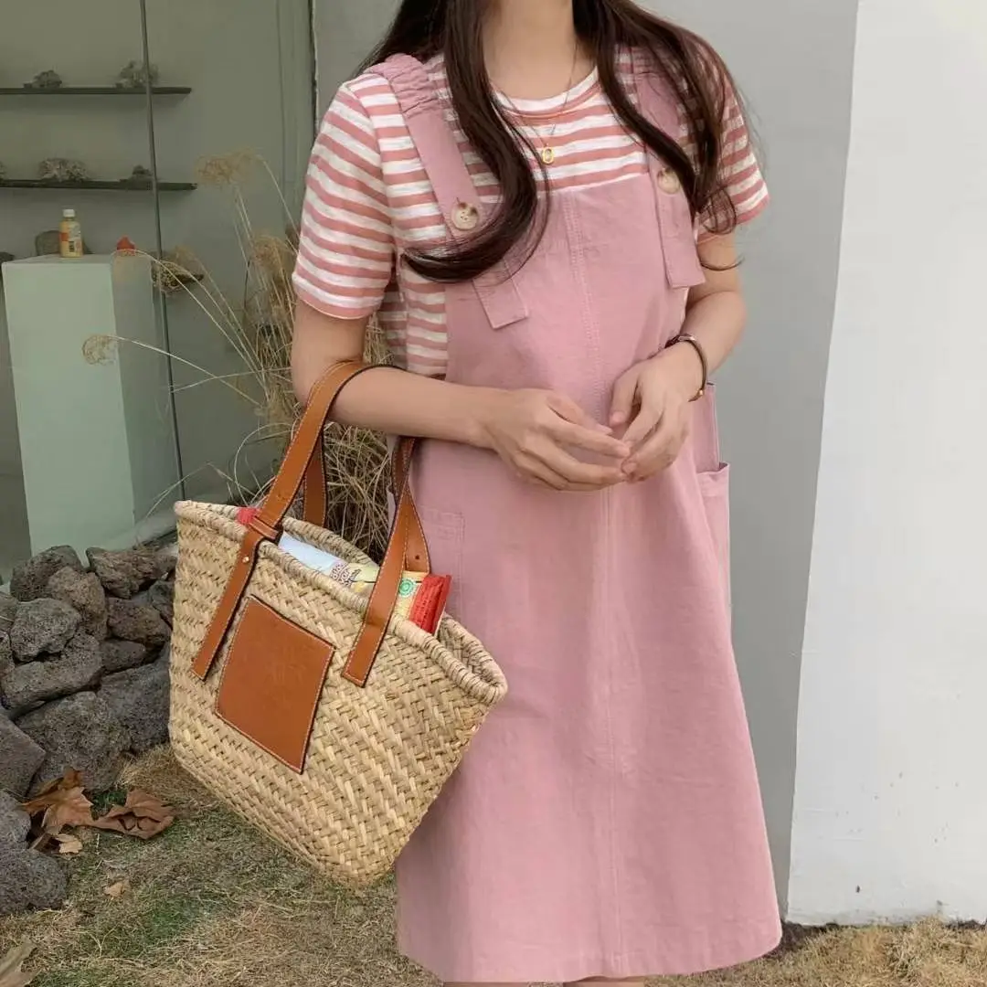 

"Single/Outfits" summer Outfits women 2021 new Korean version of loose straps skirt striped short sleeve two-piece set
