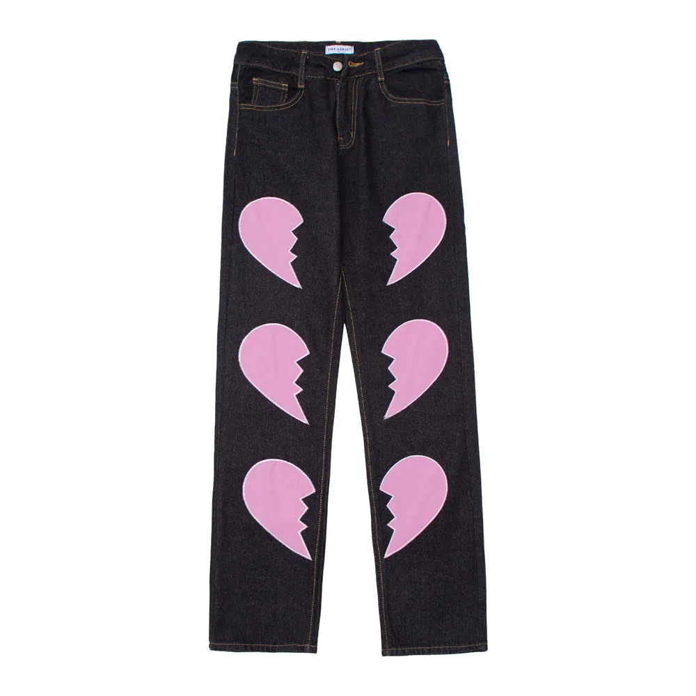 Korean Fashion Love Patch Embroidery Retro Washed Men Baggy Jeans Trousers Cotton Casual Straight Women Kpop Denim Pants Spodnie