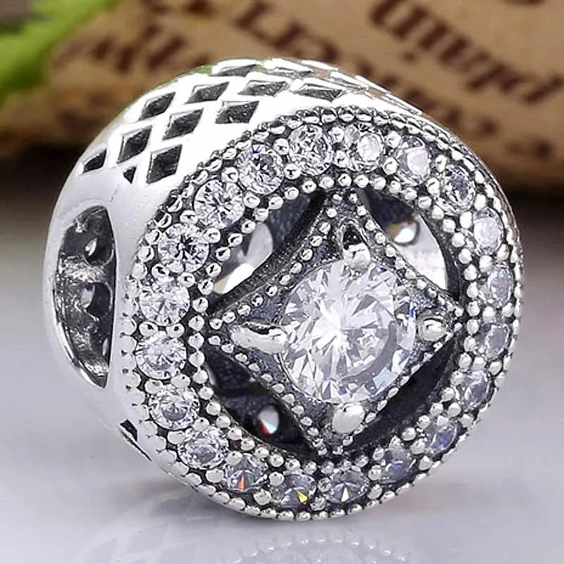 

New 925 Sterling Silver Charm Openwork Vintage Allure With Crystal Bead Fit Original Bracelet Necklace DIY Jewelry