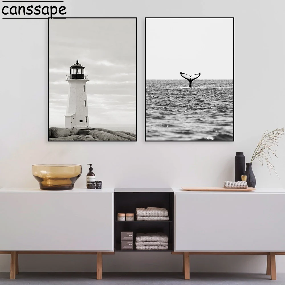 Черно белая Настенная картина Постер с маяком Пляжная Картина на холсте
