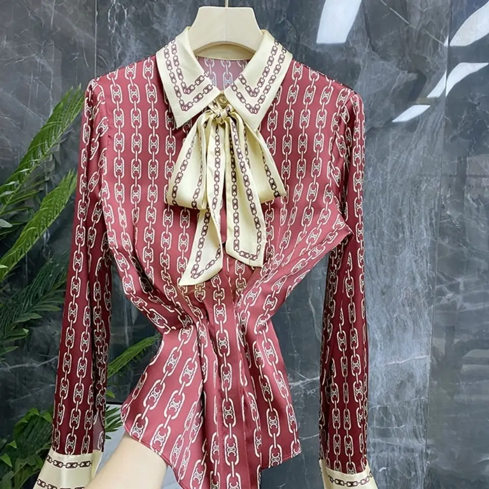 

2021 New Heavy Satin Shirt Women's Long Sleeve Printed Western Style Ribbon Silk Top