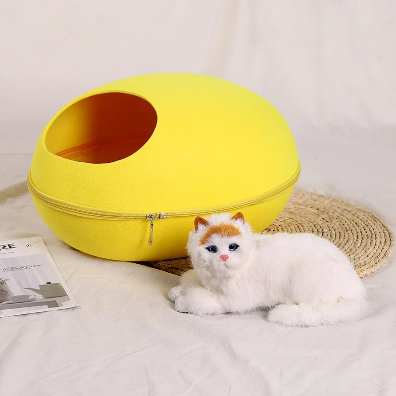 yellow Egg Shape Dog Cat Bed Cat Sleeping Bag Zipper Felt Cloth Winter Warm Pet House All Around Cat Nest With Detachable Cushion Mat - Цвет: yellow