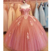 glitter sequins pink quinceanera dresses with 3d floral ball gown sweet 16 year off the shoulder princess corset dess for debut