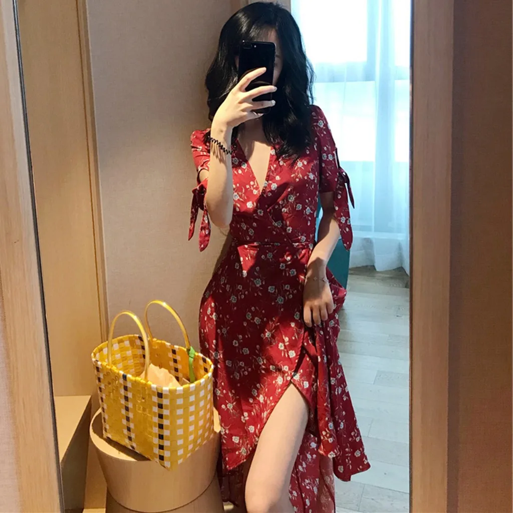 Женское платье макси SAGACE красное с разрезом и v образным вырезом на шнуровке