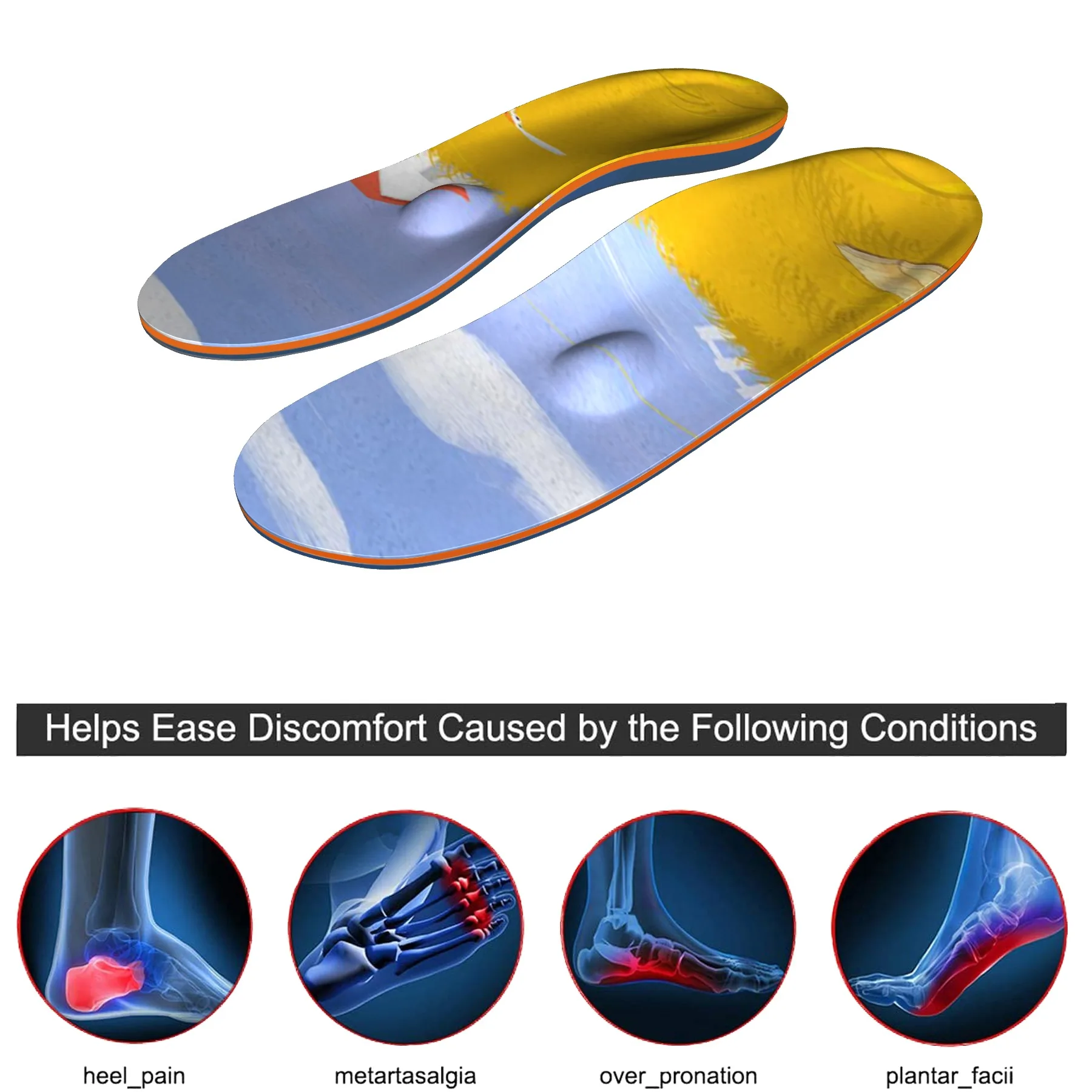 Yellow-blue sports sole, universal heel orthopedic pad, plantar fasciitis, plantar arch support, orthopedic insole