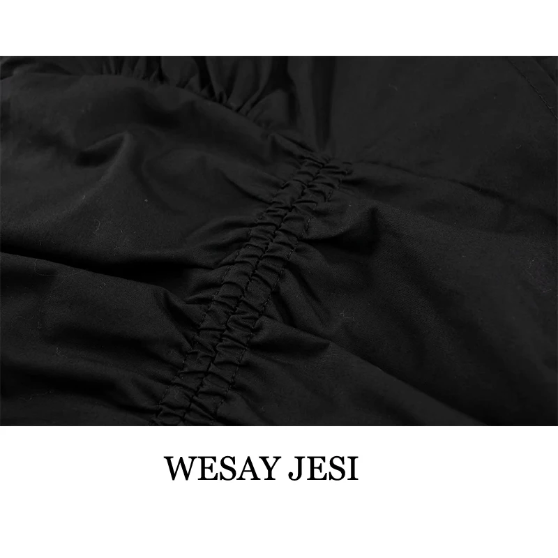 

WESAY JESI Women's Fashion Dresses Cross V Neck Sexy Black Pleated Mini Dress Female Hem Ruffles Slim Puff Sleeve Chic Clothes