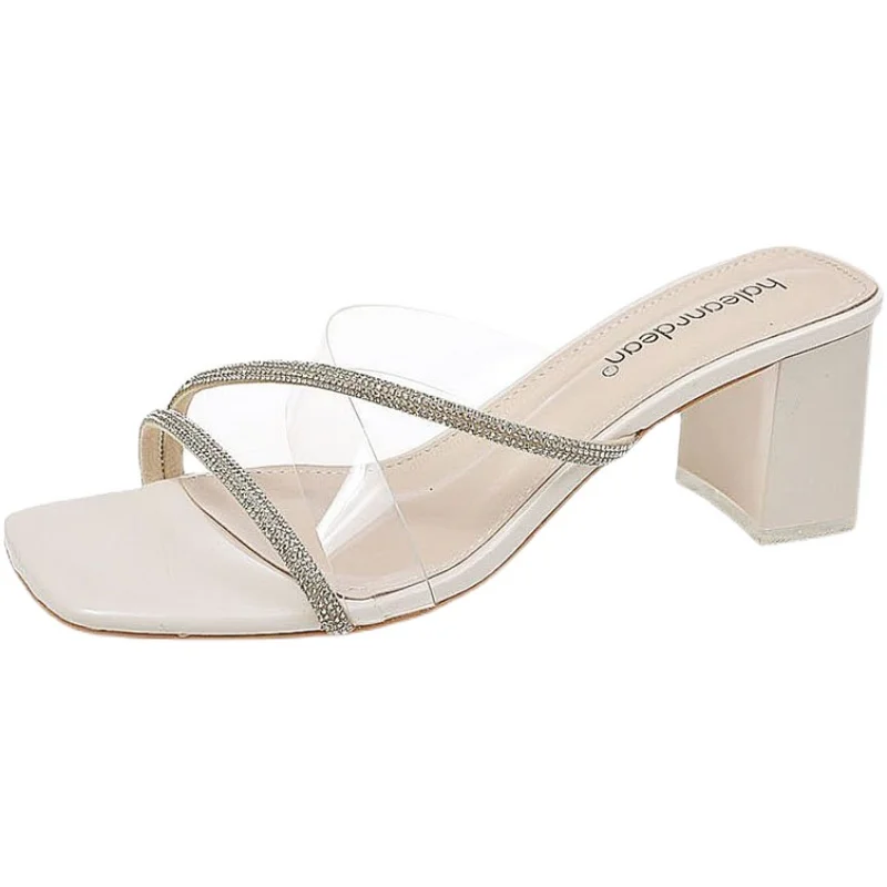 

Slippers Casual Shoes Slides Transparent Heel Heeled Mules Slipers Women Square heel Jelly Flip Flops Luxury High 2021 Block