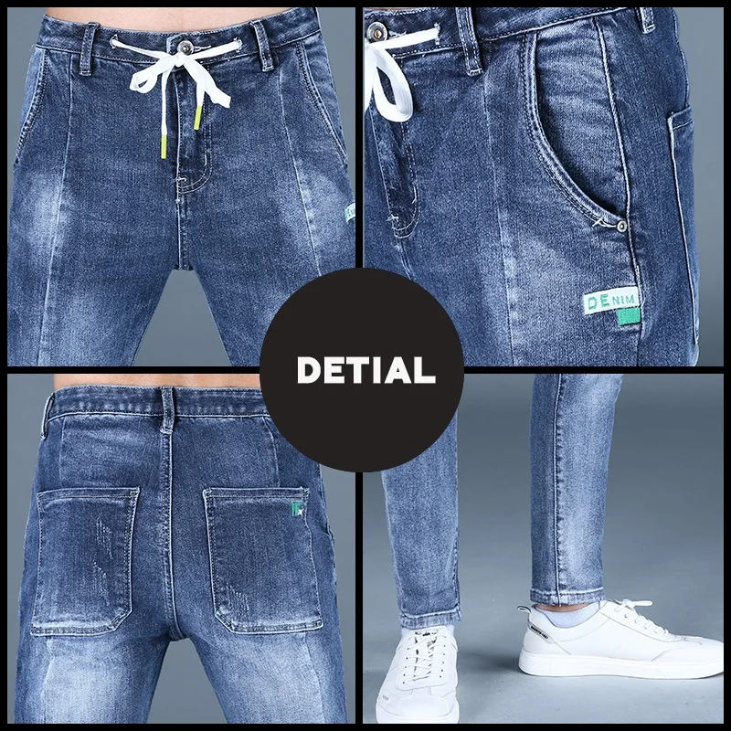 Mens Fashion Spliced Blue Jeans Men Summer Casual Embroidery Slim Fit Pencil Pants