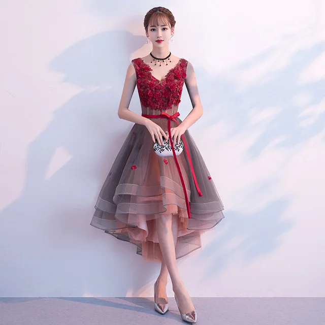 Новый 2020 цветок выпускное платье цвета Бургунди Цвет элегантное для женщин с v