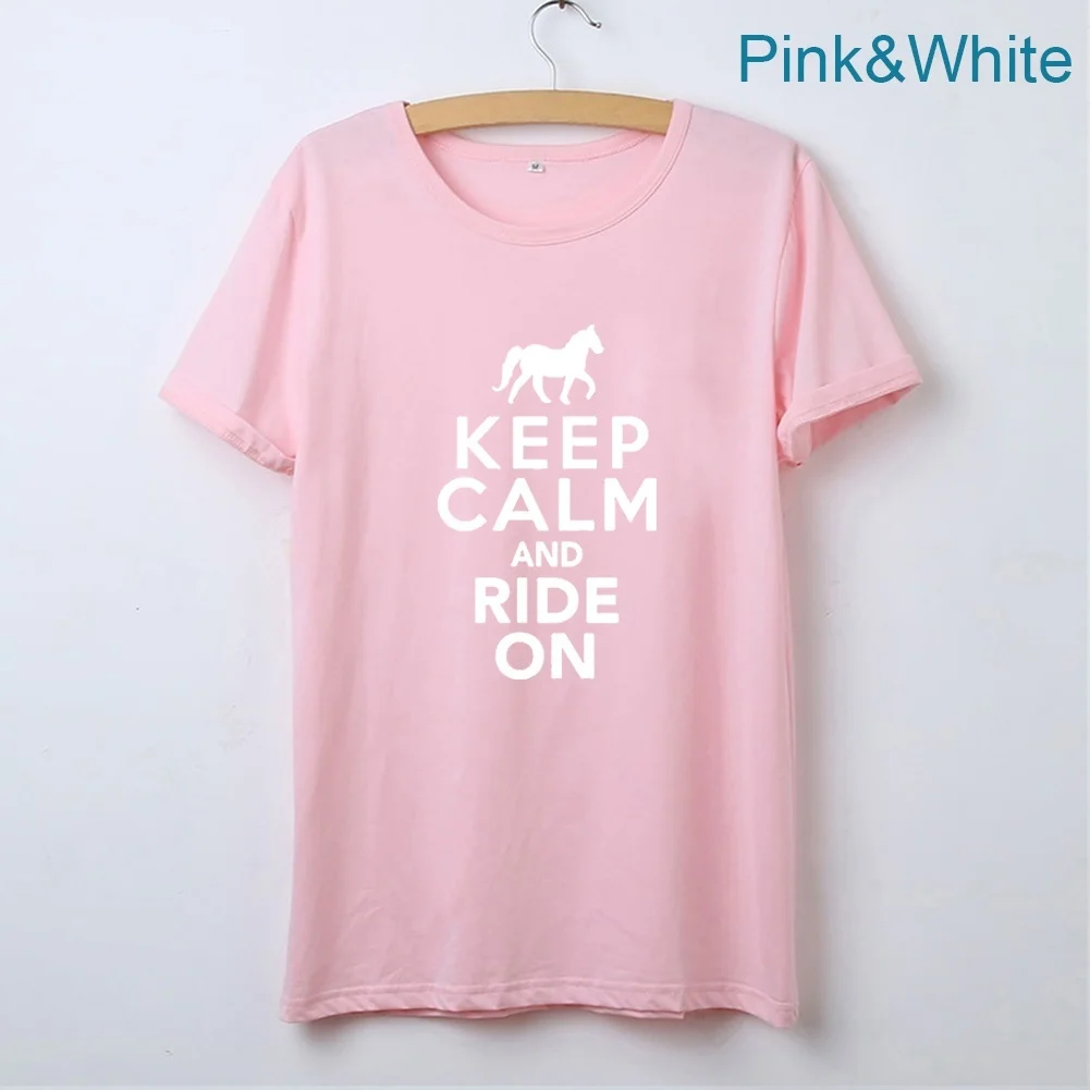 С надписью Keep Calm and ездить на забавная футболка женская с милой лошадкой и