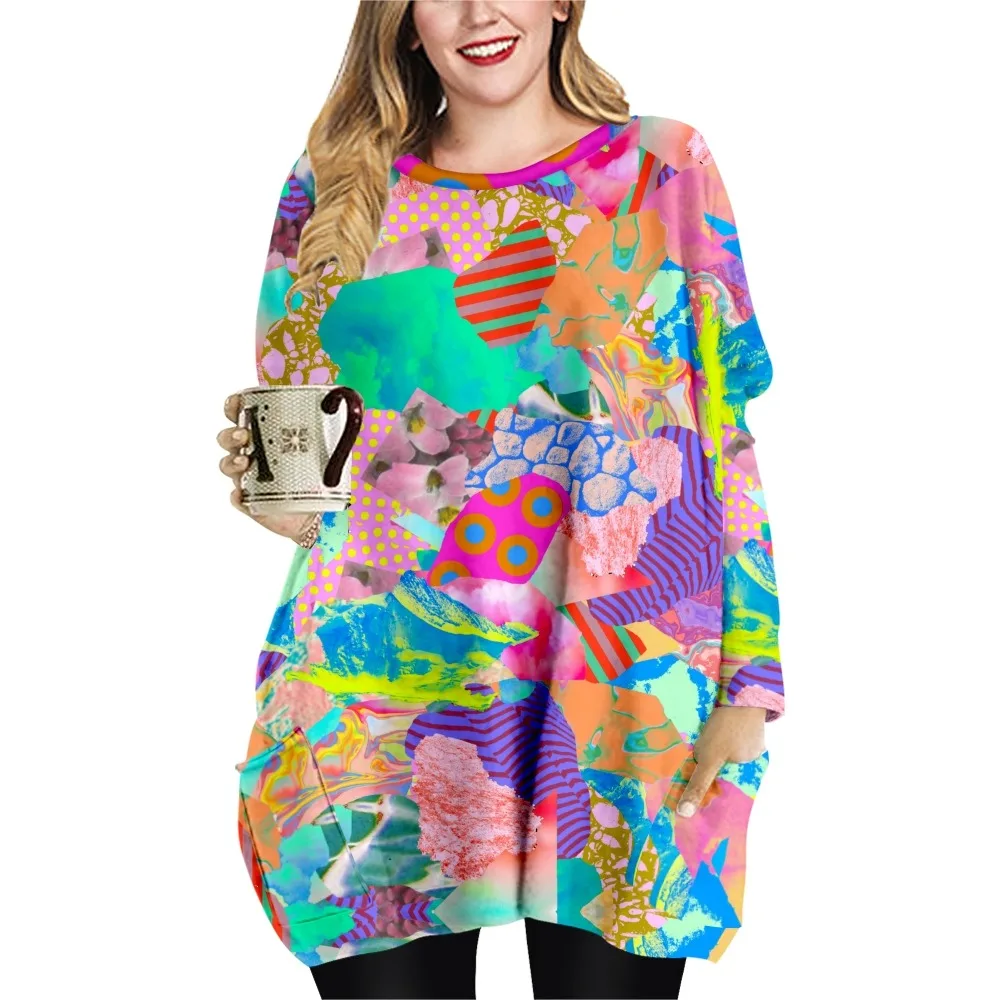 

Женские топы 6XL, свободные мини-платья с абстрактным принтом, Пляжное Платье оверсайз с круглым вырезом, блузка с длинным рукавом, уличная од...