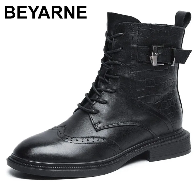 

BEYARNERiding boots women's leather autumn and winter belt buckle inthe tube low-heeled straps thin boots non-slipwear-resistant