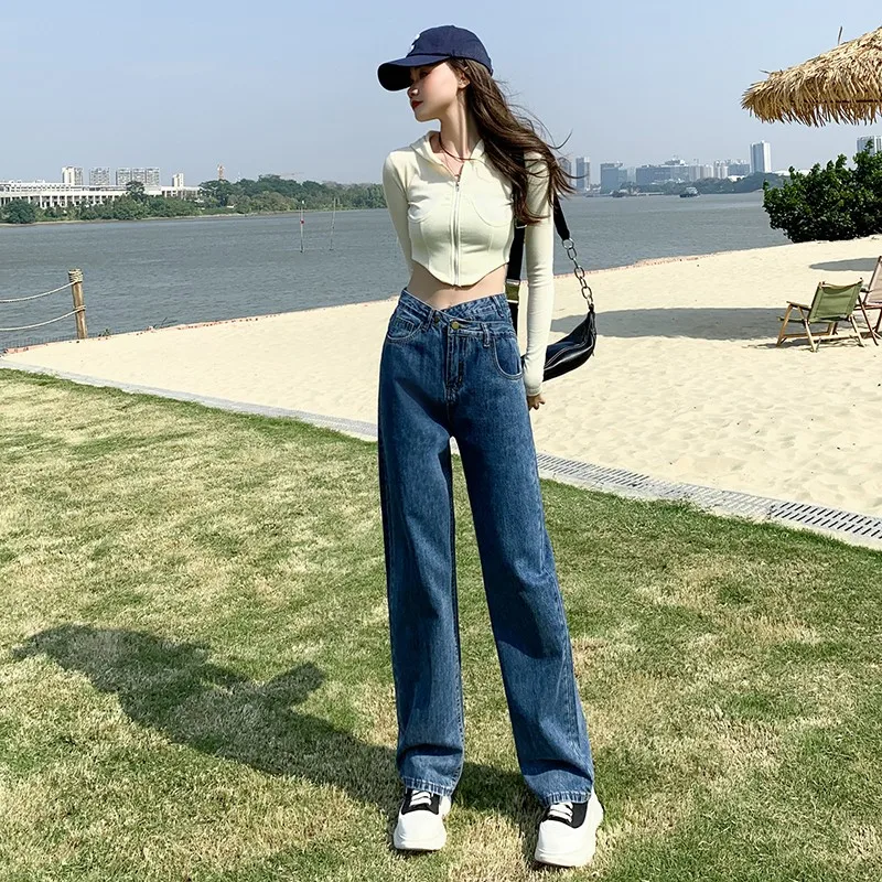 

Blue Grey Cross Waist Jeans Women Loose High Waist Wide Leg Straight Denim Pants