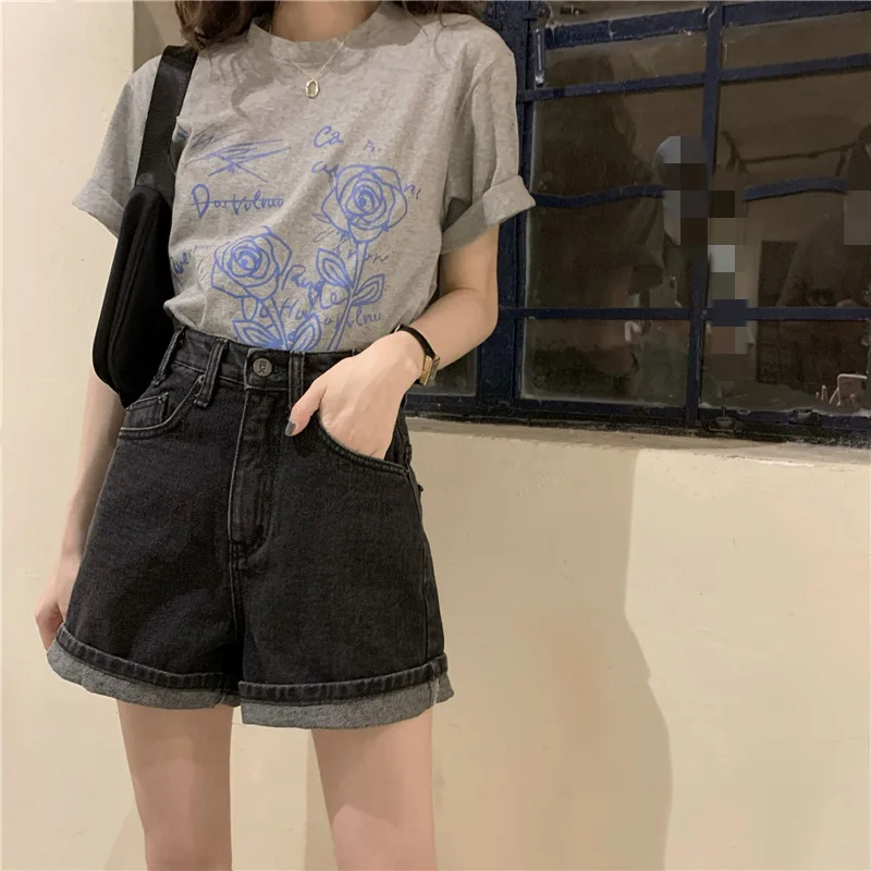 

Summer New Retro Hong Kong Flavor Charcoal Black Casual Jeans High Waist Slim Versatile Curled Denim Straight Shorts Hot Pants