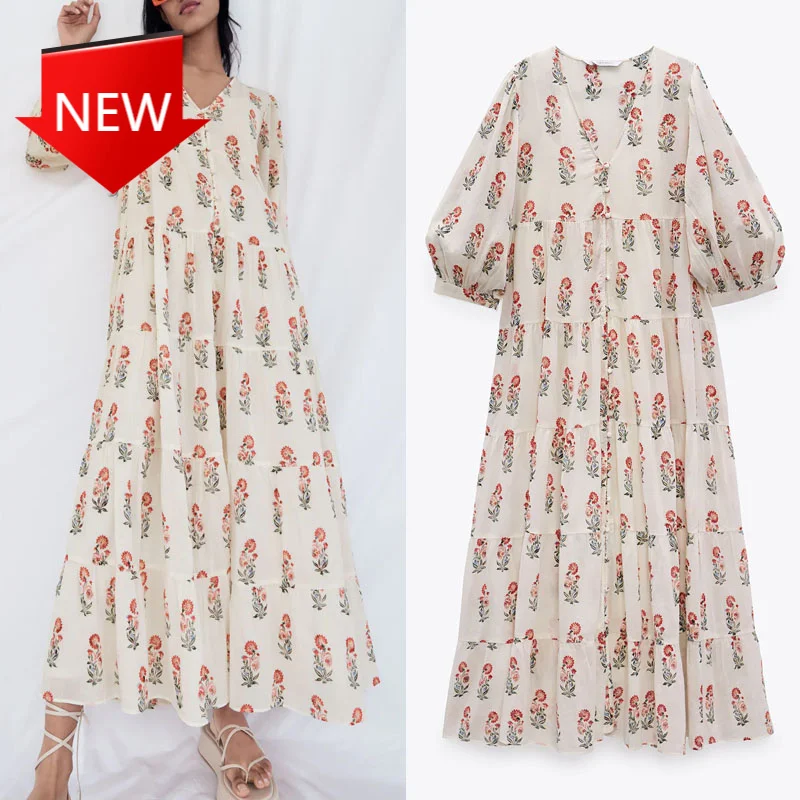 

Платье-миди женское летнее на пуговицах с оборками и цветочным принтом