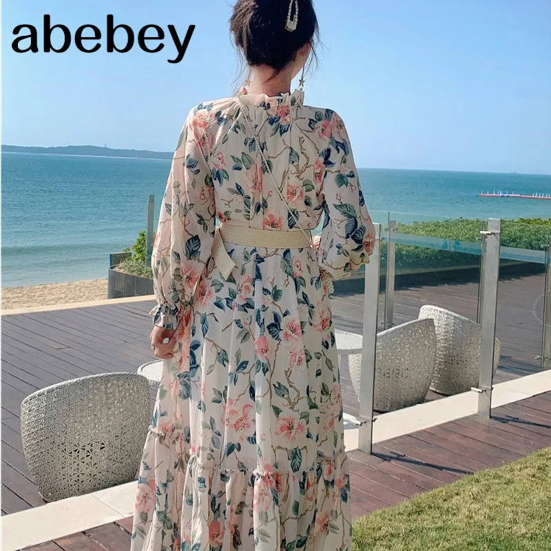 

Floral Print Spring Dress Lantern Sleeve Stand Collar High Waist Ruffles Dress Beach Boho Single Breasted Party Long Dress