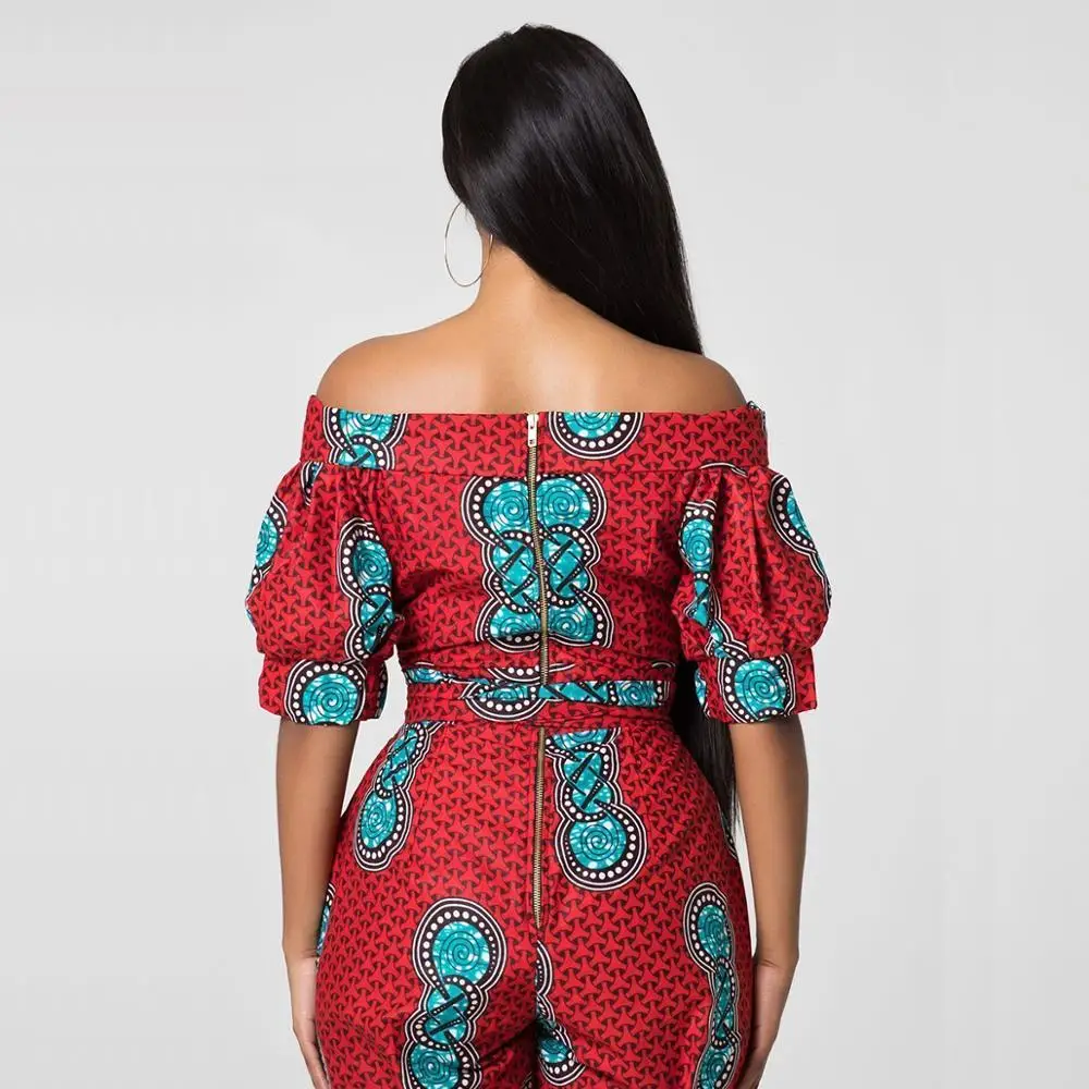 

Overalls For Women Elegant Africa Style Lantern Sleeve Jumpsuits Open Shoulder Plus Size Clothing Long Pants Formal Bodysuit