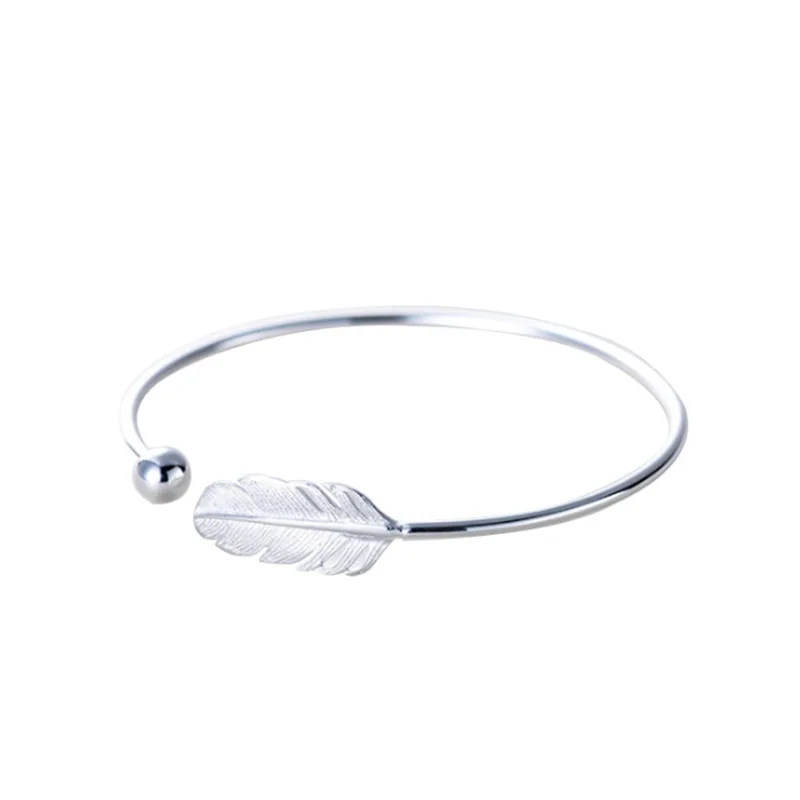 

925 sterling silver feather silver ball bracelet literary simple opening adjustable bracelet for christmas gifts for women