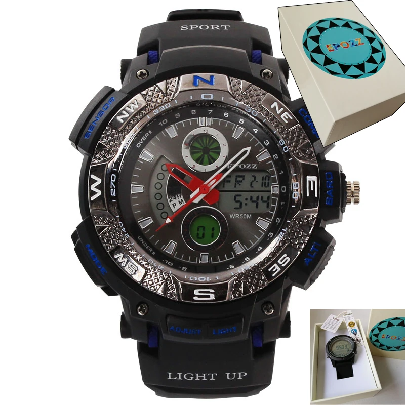 blue with box Многофункциональные мужские электронные наручные часы со светящимися ручками бренд Epozz Роскошные montre homme Цифровые мужские спортивные часы подарок водонепроницаемые - Цвет: blue with box