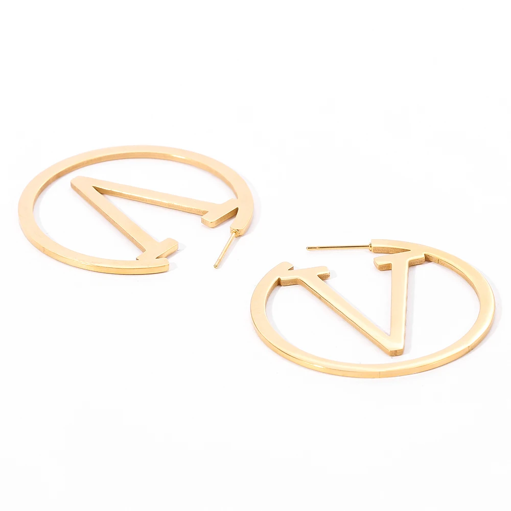Женские массивные серьги из нержавеющей стали с буквами V Circle простые в стиле
