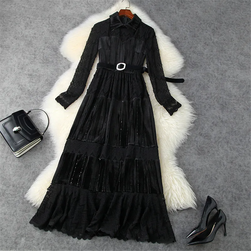 

Женское длинное вельветовечерние платье, модельное дизайнерское вечернее платье черного цвета, с кружевами, в стиле пэчворк, для осени и зи...