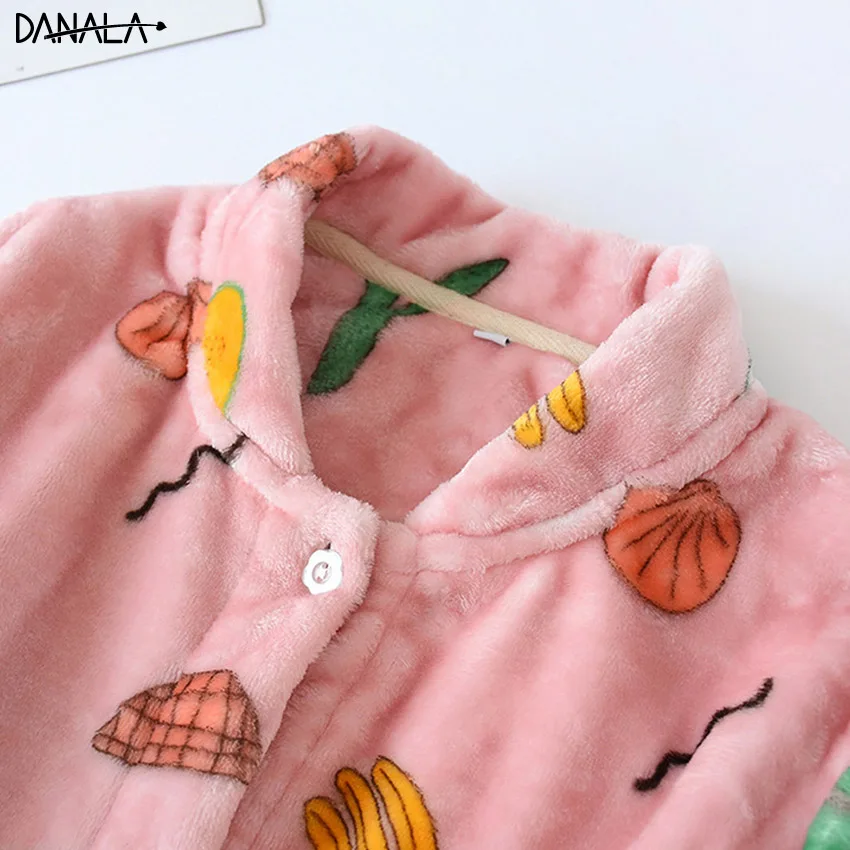 DANALA, Осень-зима, женские пижамы, наборы, мягкие, плотные, фланелевые, цветочный принт, отложной ворот, длинный рукав, пуловер, теплая одежда для сна, топы