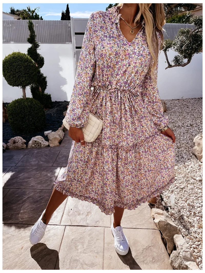 

2021 Spring Summer New Long Sleeve Women Dress Floral Print Midi Dress Elegant Party V-Neck Lace Chiffon Sundress Streetwear