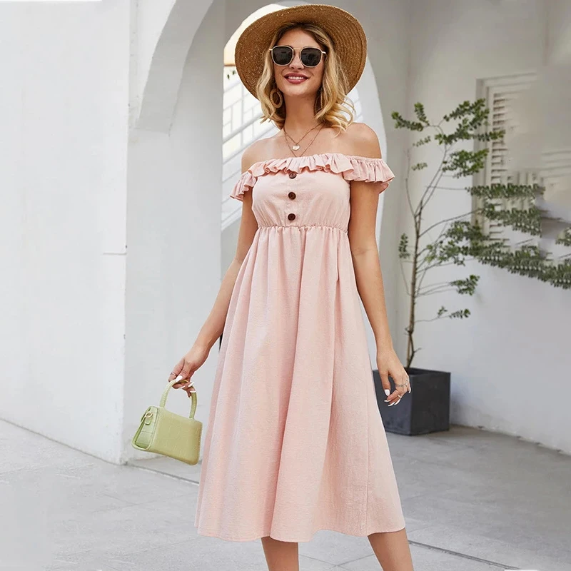 

Nice New Summer Ladies Elegant Solid High Waist a Line Dress Women Casual Slash Neck Ruffles Buttons Slim Off The Shoulder Dress