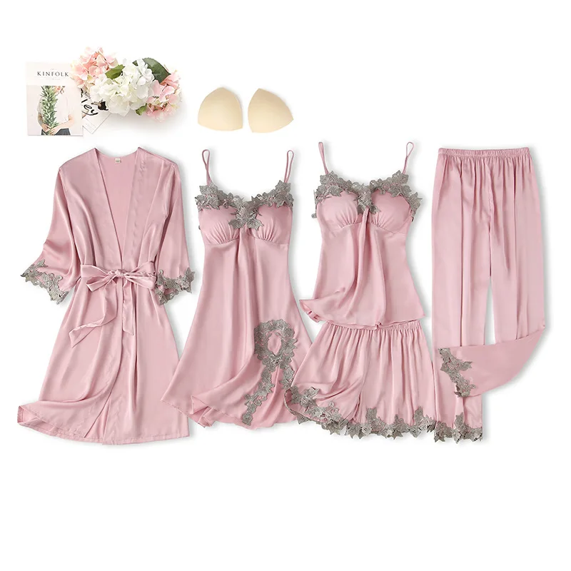 

Summer Lace Trim 5PCS Sleepwear Women Satin Pajamas Set Faux Silk Kimono Gown Femme Pijamas Suit Loungewear Intimate Lingerie