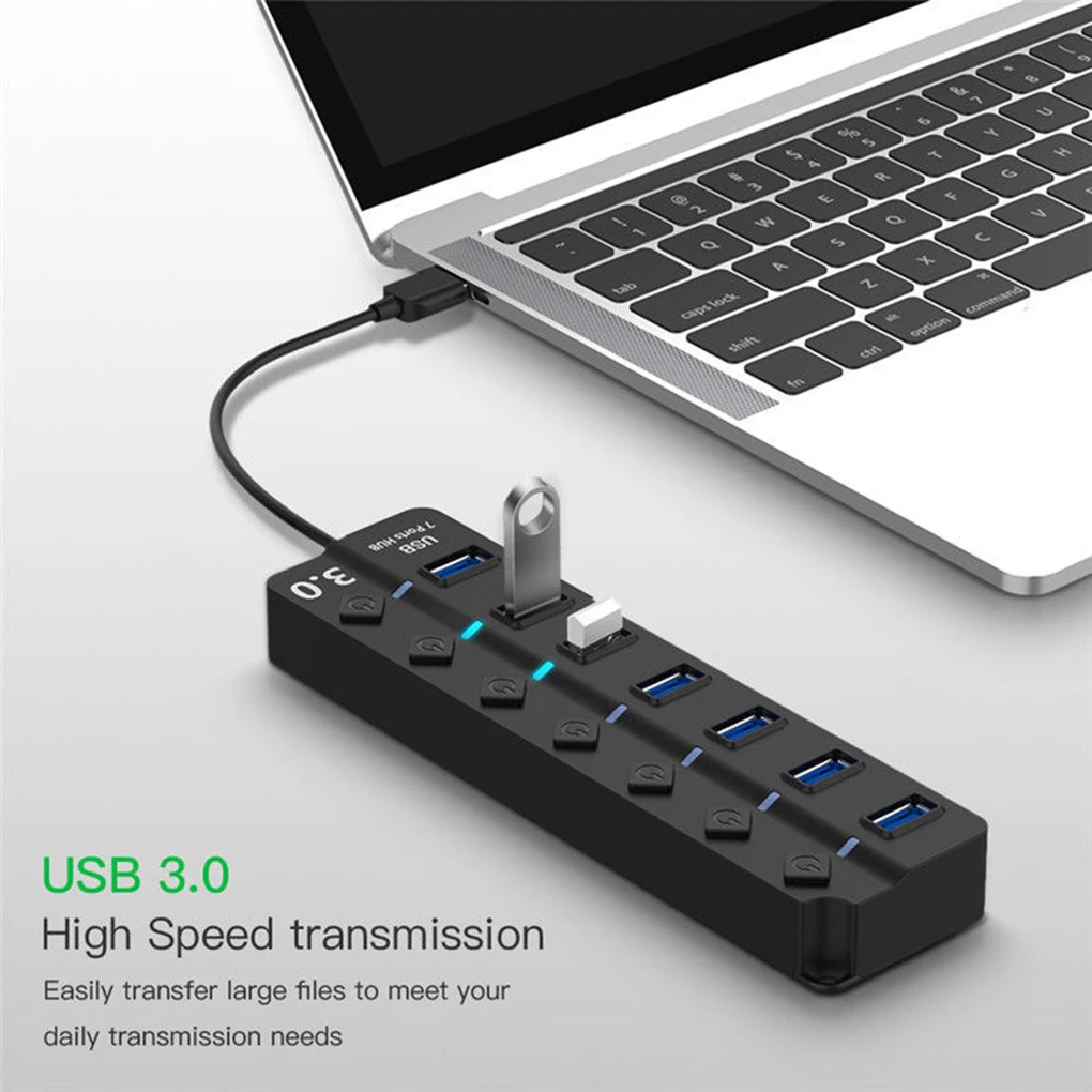 

7 Port USB 3.0 Hub 5Gbps High Speed On/Off Switches AC Power Adapter for Tablet Laptop Computer