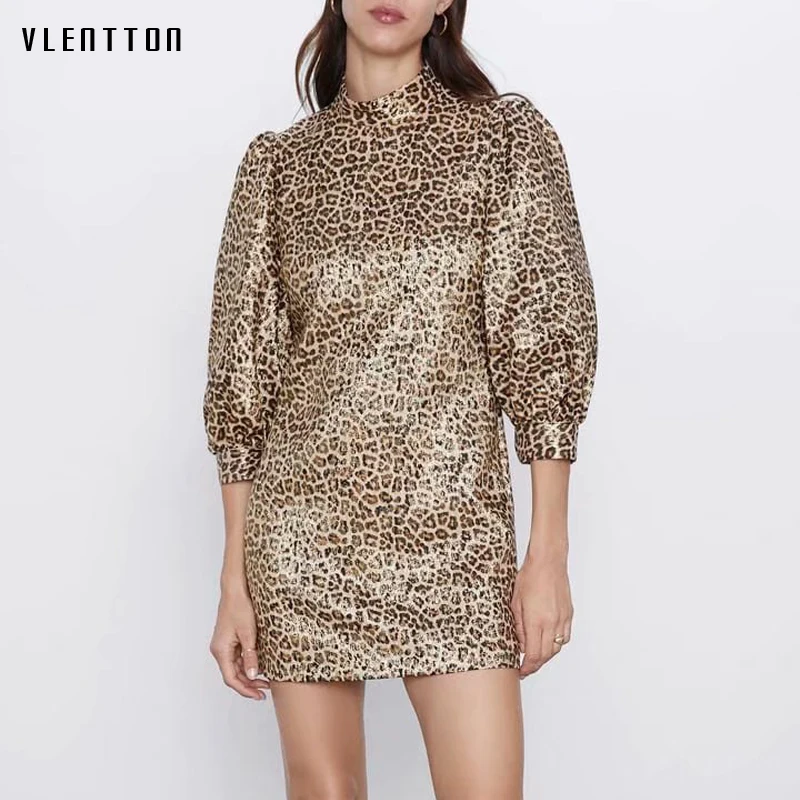 2020 осенне зимнее винтажное леопардовое платье женское модное с рукавом фонариком и круглым вырезом