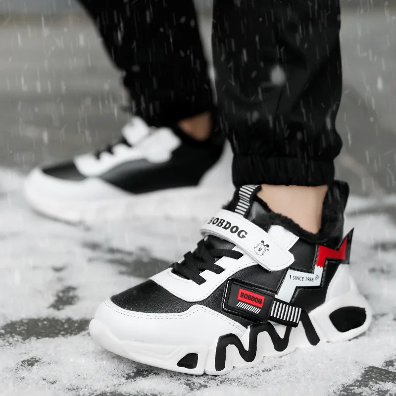 

2020 Winter Shoes For Boys Red Yellow Kid Leather Running Shoes Plus Velvet Teenage Trainers Soft Sole Boy Luxury Brand Shoes