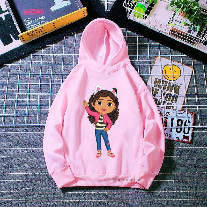 cute girls hoodies cartoon gabbys doll house graphic print girls hoodies fashion cute kids white pink sweatshirt tops wholesale